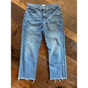 LOFT The Straight Crop Jeans Womens 31 12 Medium Wash Raw Hem High Rise Denim